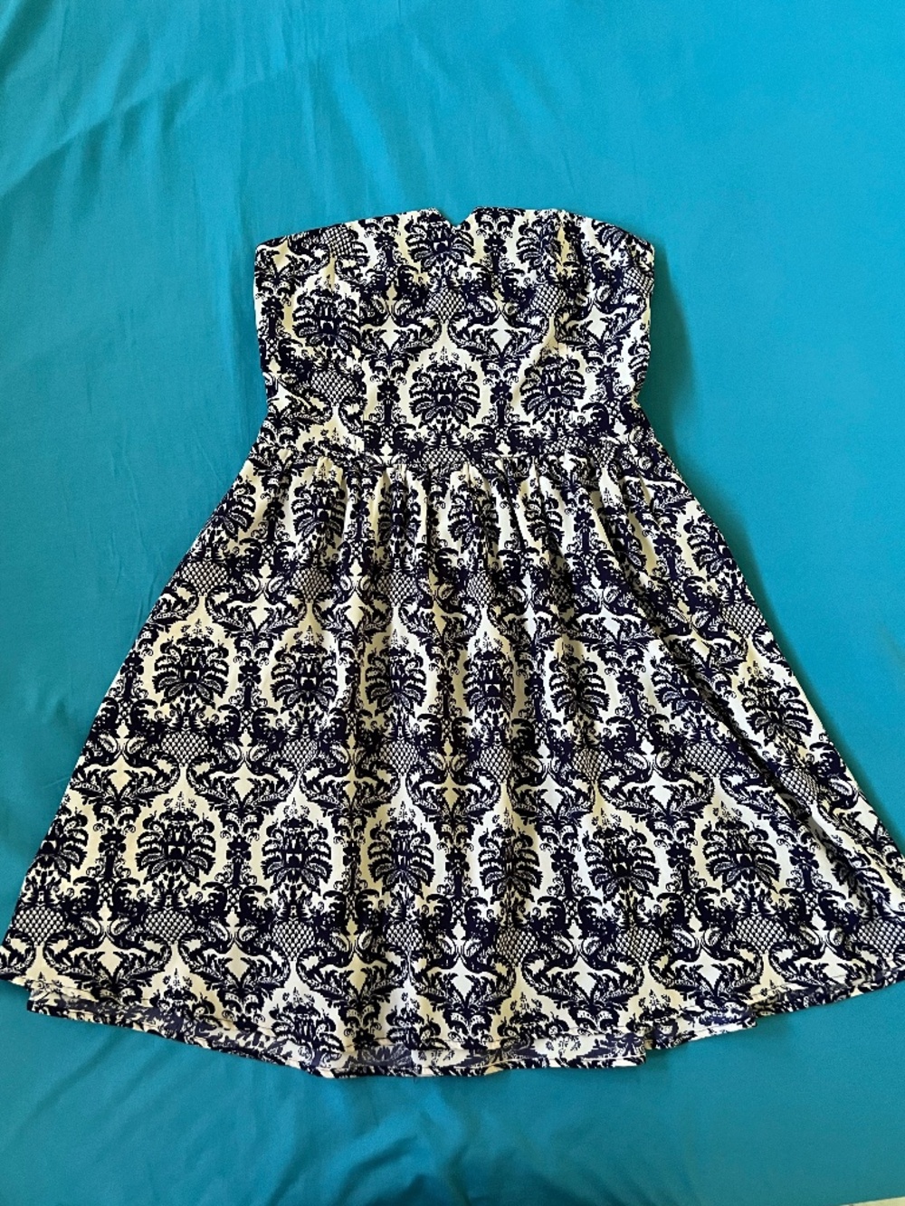 Poema Strapless summer dress, navy & tan M/L